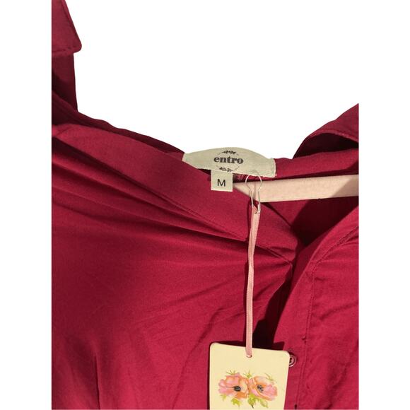 NWT Entro Boho  Equestrian Women's Front Tie Button Lagenlook Red Burgundy Top - Picture 2 of 4